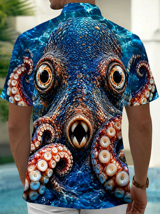 Adaychic Men's Hawaiian Octopus Face With Tentacles Print Short Sleeve Shirt with Chest Pocket
