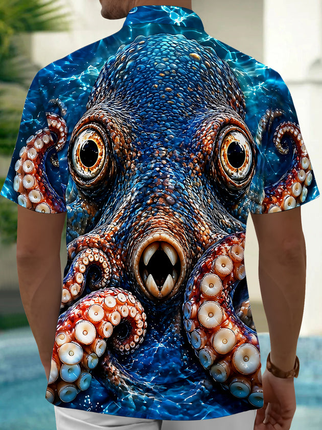 Adaychic Men's Hawaiian Octopus Face With Tentacles Print Short Sleeve Shirt with Chest Pocket