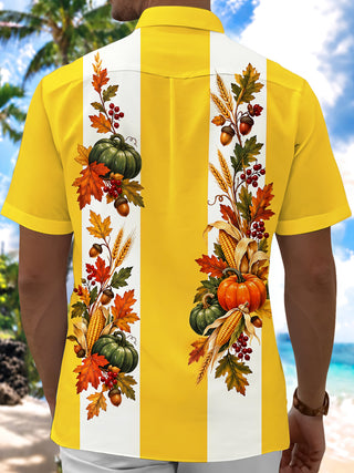 Adaychic Men's Thanksgiving Harvest Pumpkins And Corn Print Short Sleeve Shirt with Chest Pocket