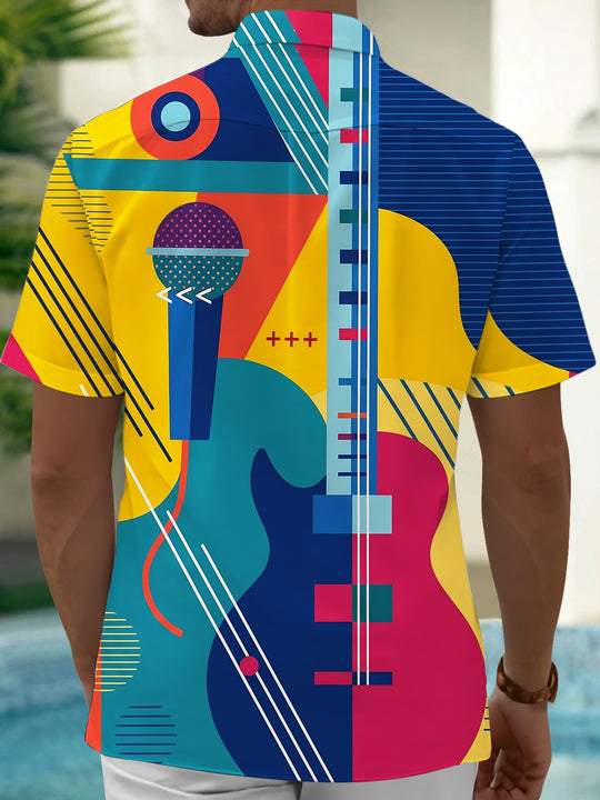 Adaychic Men's Geometric Music Instruments Print Short Sleeve Shirt with Chest Pocket