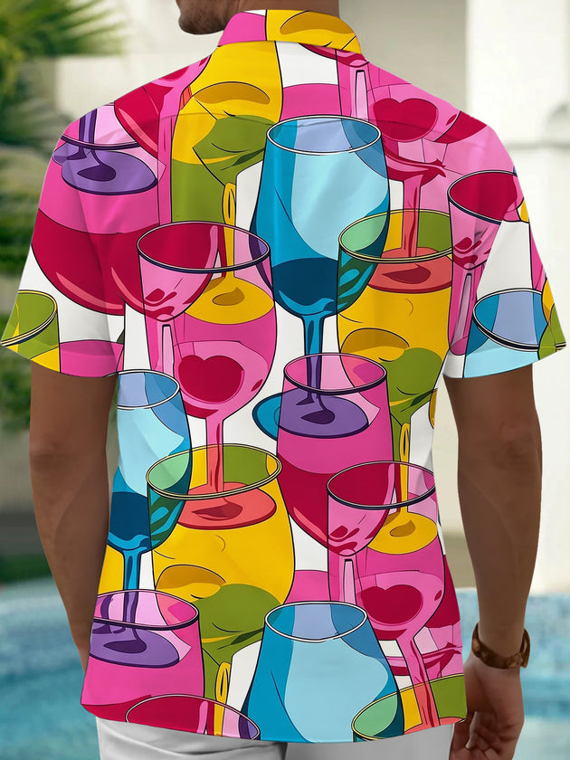Adaychic Men's Graphic Colorful Wine Glasses Print Short Sleeve Shirt with Chest Pocket