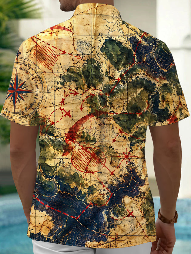 Adaychic Men's Short Sleeve Shirt - Vintage Map With Compass Rose And Topography Print with Chest Pocket