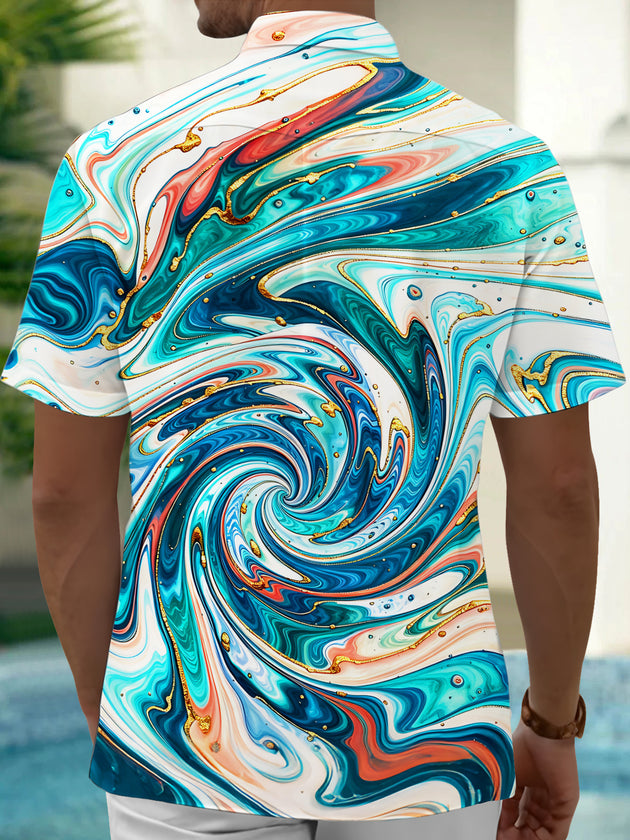 Adaychic Men's Printed Fluid Swirl Print Gold Trim Print Short Sleeve Shirt with Chest Pocket