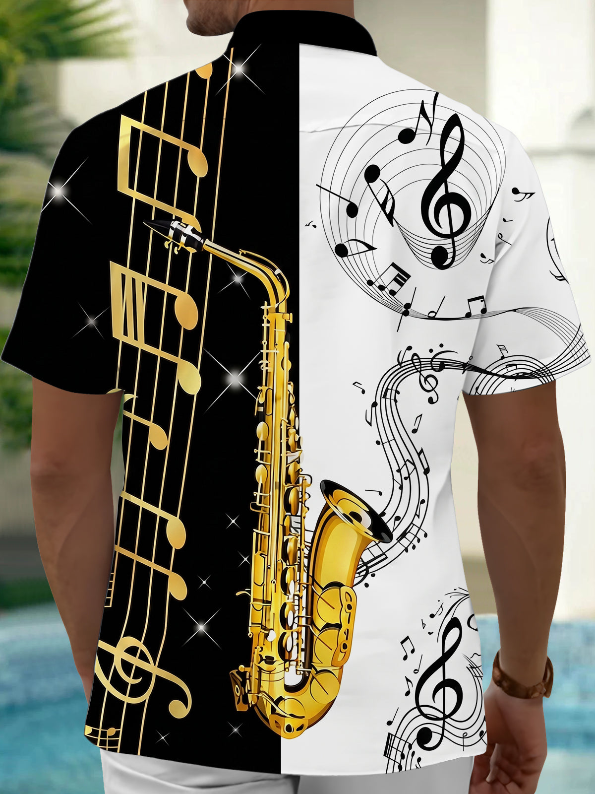 Adaychic Men's Hawaiian Saxophone Print Musical Notes Print Short Sleeve Shirt with Chest Pocket