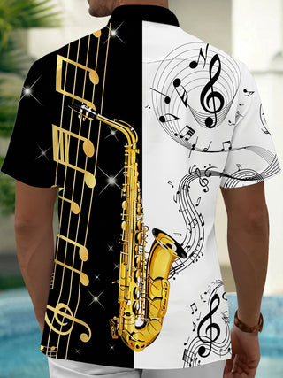 Adaychic Men's Hawaiian Saxophone Print Musical Notes Print Short Sleeve Shirt with Chest Pocket