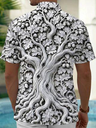 Adaychic Men's 3D 3D Oak Tree Bark And Acorns Print Short Sleeve Shirt with Chest Pocket