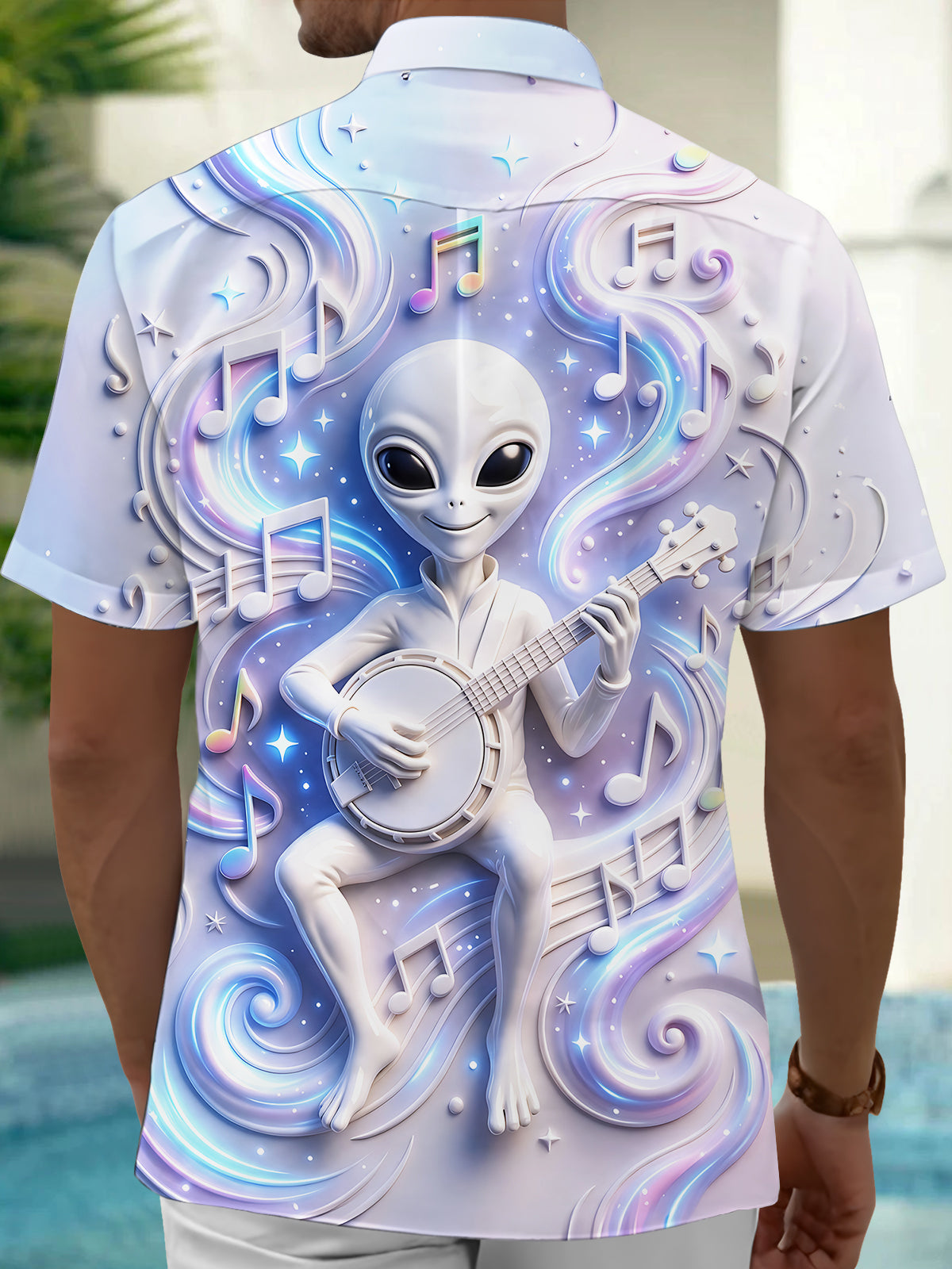 Adaychic Men's Graphic Alien Playing Banjo Print Short Sleeve Shirt with Chest Pocket