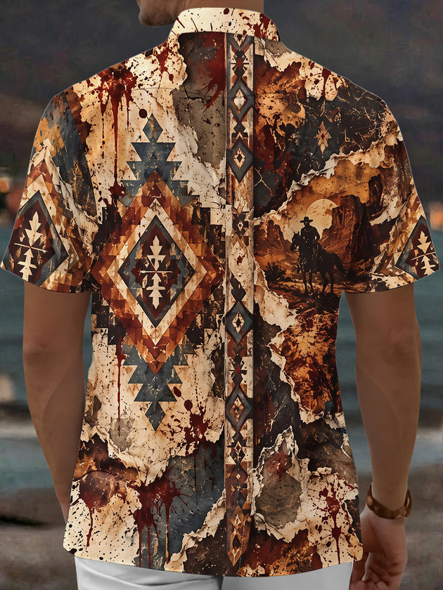 Adaychic Men's Short Sleeve Shirt - Western Cowboy On Horseback And Geometric Patterns Print with Chest Pocket