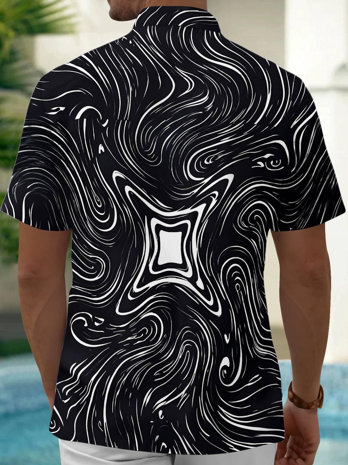 Adaychic Men's Abstract Swirling Black And White Lines Print Short Sleeve Shirt with Chest Pocket