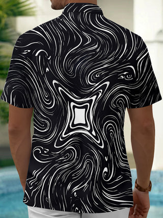 Adaychic Men's Abstract Swirling Black And White Lines Print Short Sleeve Shirt with Chest Pocket