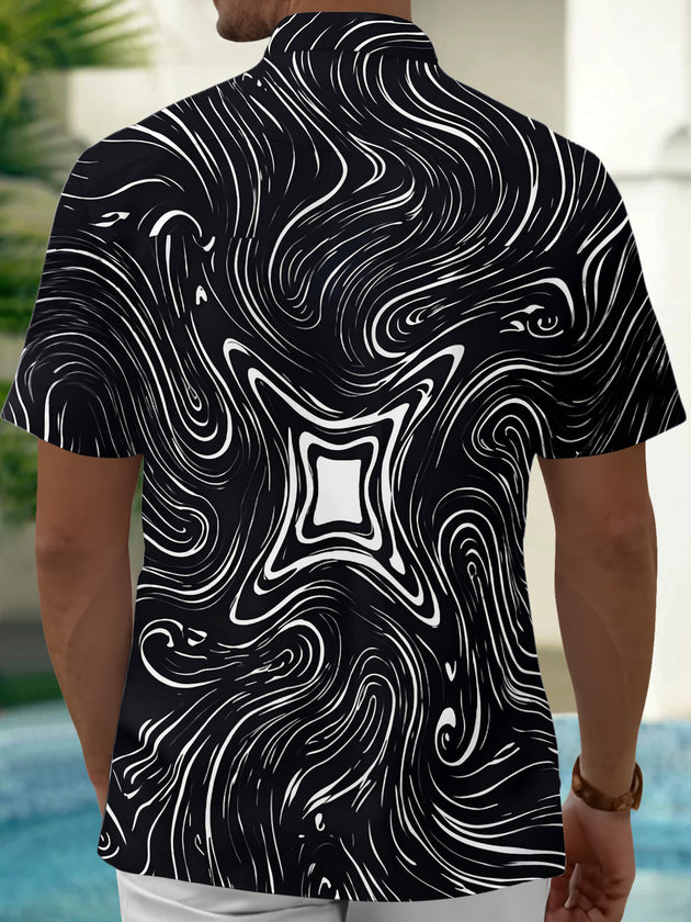 Adaychic Men's Abstract Swirling Black And White Lines Print Short Sleeve Shirt with Chest Pocket