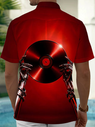 Adaychic Men's Graphic Vinyl Record Print Robot Hands Print Short Sleeve Shirt with Chest Pocket
