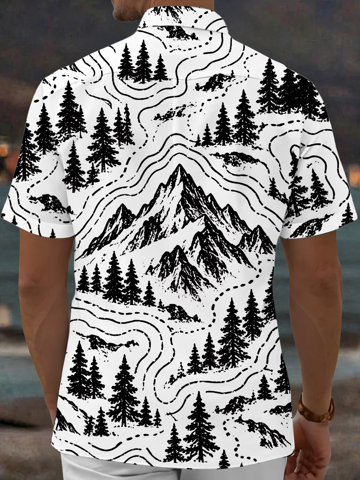Adaychic Men's Short Sleeve Shirt - Mountain Landscape With Pine Trees And Topographic Lines Print with Chest Pocket