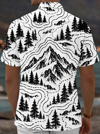 Adaychic Men's Short Sleeve Shirt - Mountain Landscape With Pine Trees And Topographic Lines Print with Chest Pocket