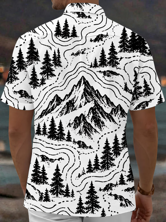 Adaychic Men's Short Sleeve Shirt - Mountain Landscape With Pine Trees And Topographic Lines Print with Chest Pocket