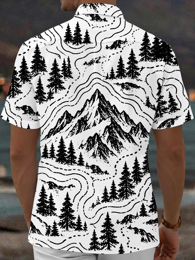Adaychic Men's Short Sleeve Shirt - Mountain Landscape With Pine Trees And Topographic Lines Print with Chest Pocket