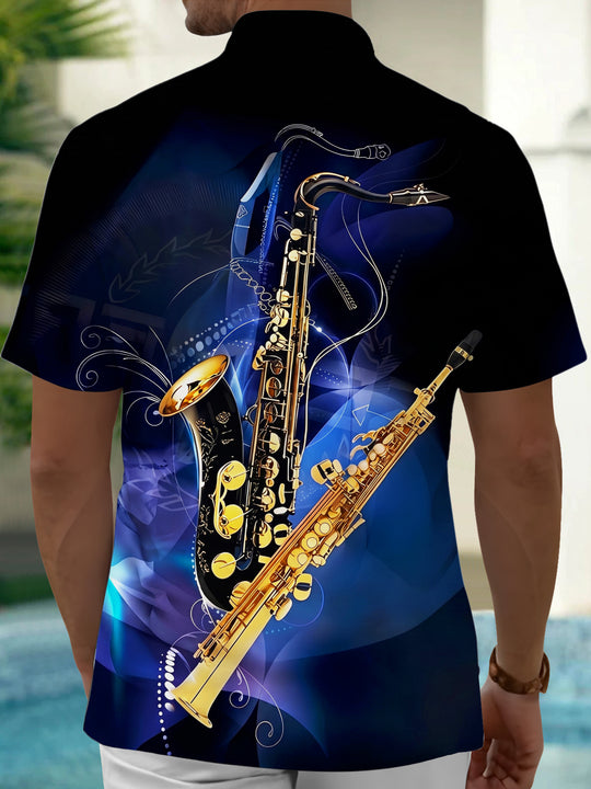 Adaychic Men's Graphic Saxophone Print Short Sleeve Shirt with Chest Pocket
