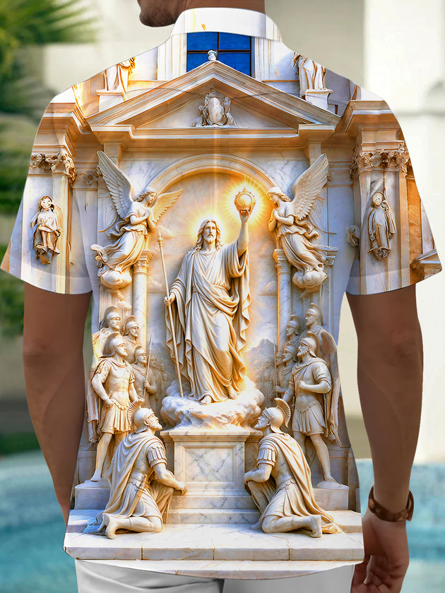 Adaychic Men's Jesus And Angels Stone Sculpture Print Short Sleeve Shirt with Chest Pocket