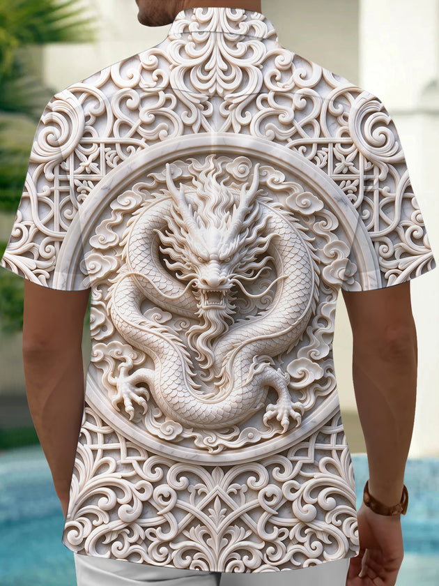 Adaychic Men's Graphic 3D Jade Dragon Relief Print Short Sleeve Shirt with Chest Pocket