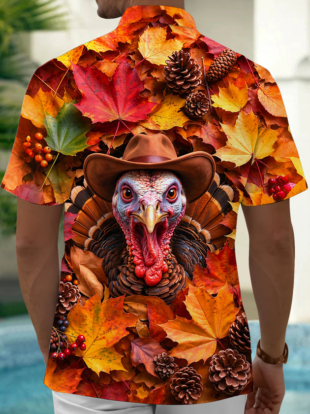 Adaychic Men's Short Sleeve Shirt - Thanksgiving Turkey With Cowboy Hat And Autumn Leaves Print with Chest Pocket
