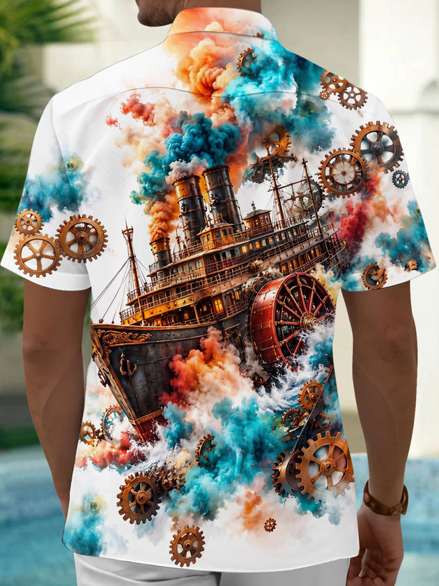 Adaychic Men's Vintage Style Steampunk Ship Print Short Sleeve Shirt with Chest Pocket
