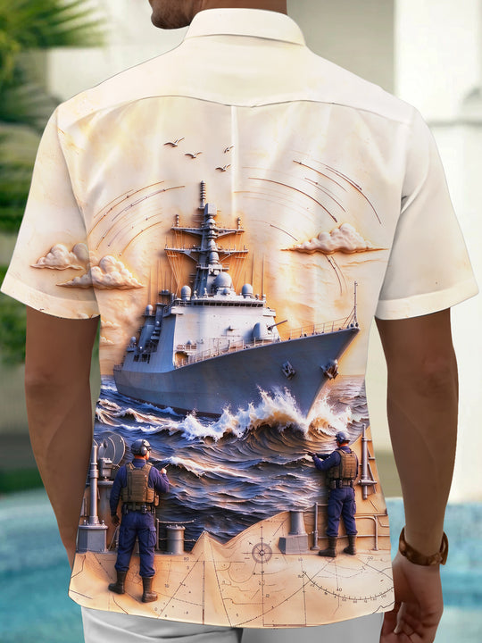 Adaychic Men's Graphic Navy Destroyer Ship And Sailors Print Short Sleeve Shirt with Chest Pocket