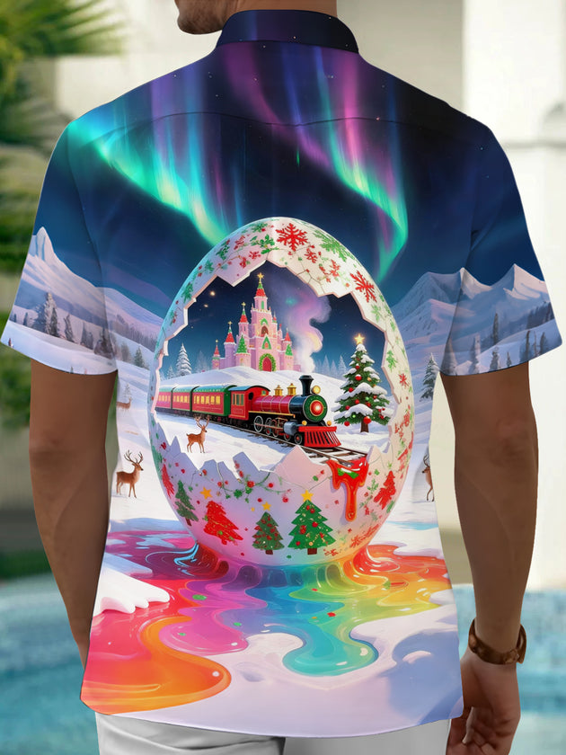 Adaychic Men's Graphic Christmas Egg Train Print Short Sleeve Shirt with Chest Pocket
