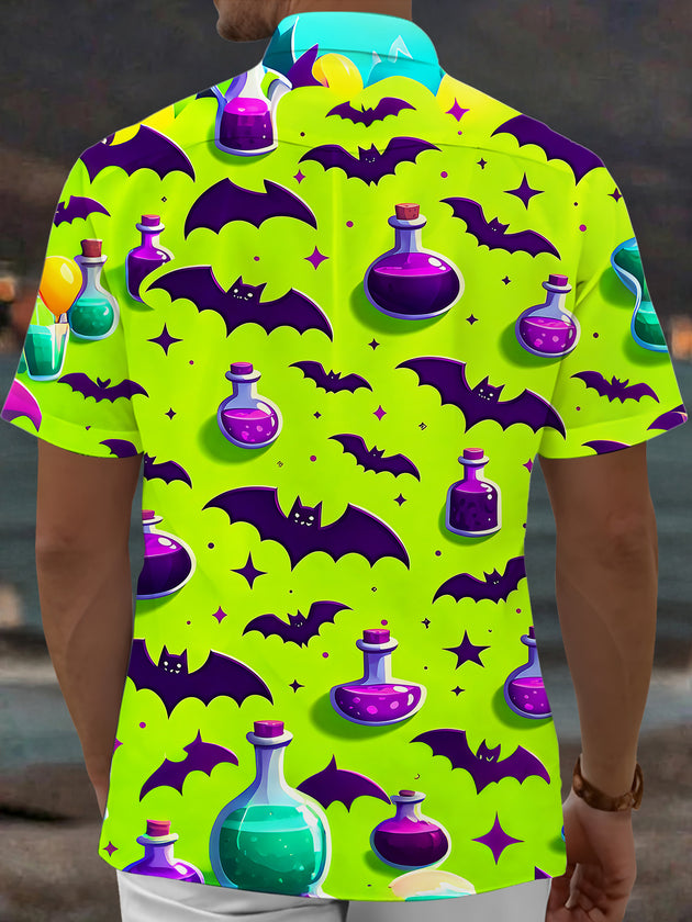 Adaychic Men's Hawaiian Halloween Potion Bats Print Short Sleeve Shirt with Chest Pocket