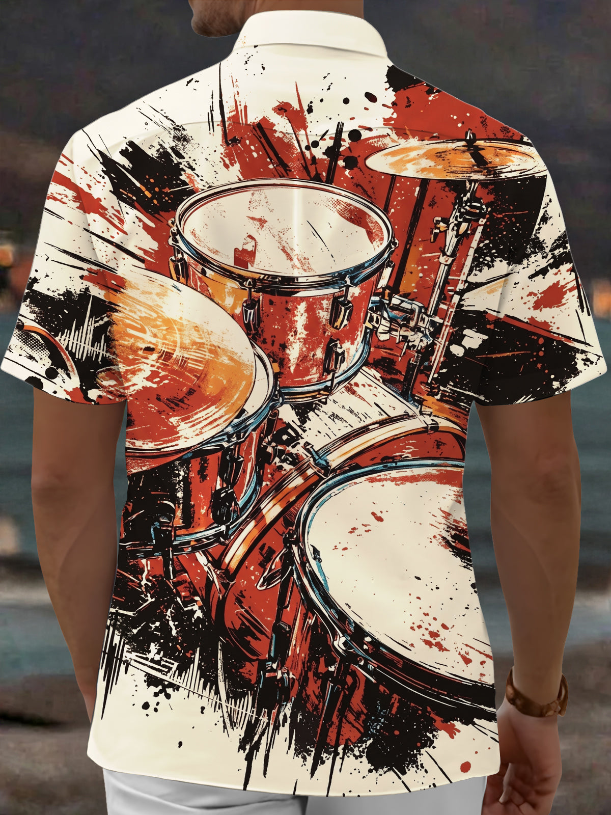 Adaychic Men's Graphic Drum Set Print Music Instrument Print Short Sleeve Shirt with Chest Pocket