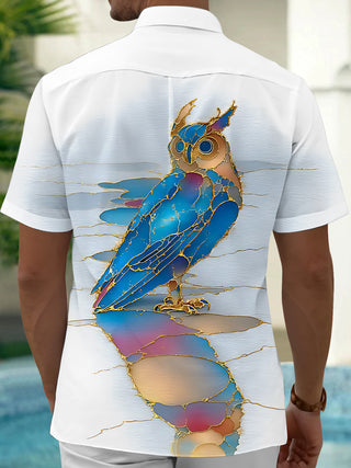 Adaychic Men's Graphic Stylized Owl Print Short Sleeve Shirt with Chest Pocket