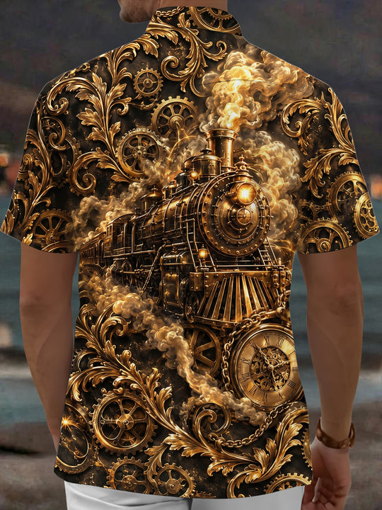 Adaychic Men's Vintage Steam Train And Pocket Watch Print Short Sleeve Shirt with Chest Pocket