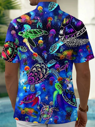 Adaychic Men's Hawaiian Neon Sea Turtles Print Short Sleeve Shirt with Chest Pocket