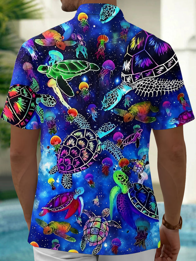 Adaychic Men's Hawaiian Neon Sea Turtles Print Short Sleeve Shirt with Chest Pocket