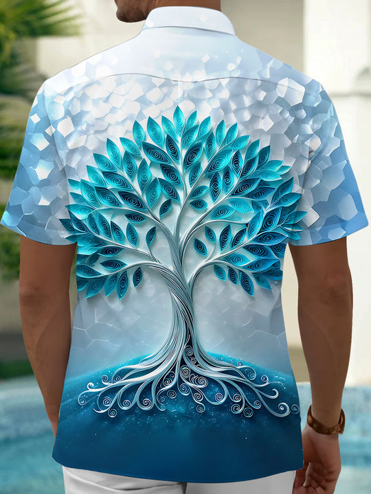 Adaychic Men's 3D 3D Quilled Tree Print Short Sleeve Shirt with Chest Pocket