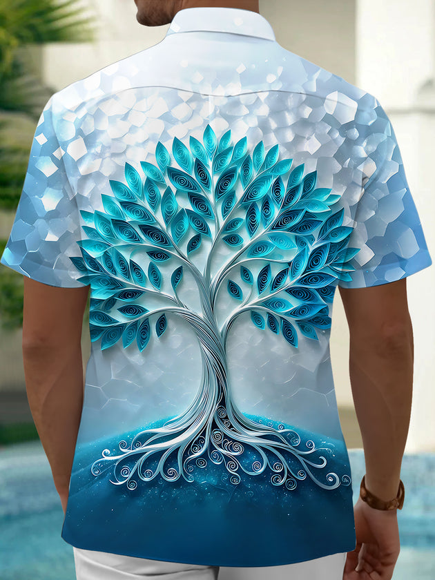 Adaychic Men's 3D 3D Quilled Tree Print Short Sleeve Shirt with Chest Pocket