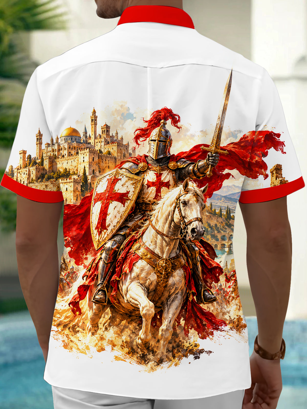 Adaychic Men's Short Sleeve Shirt - Templar Knight On Horseback With Ancient City Print with Chest Pocket