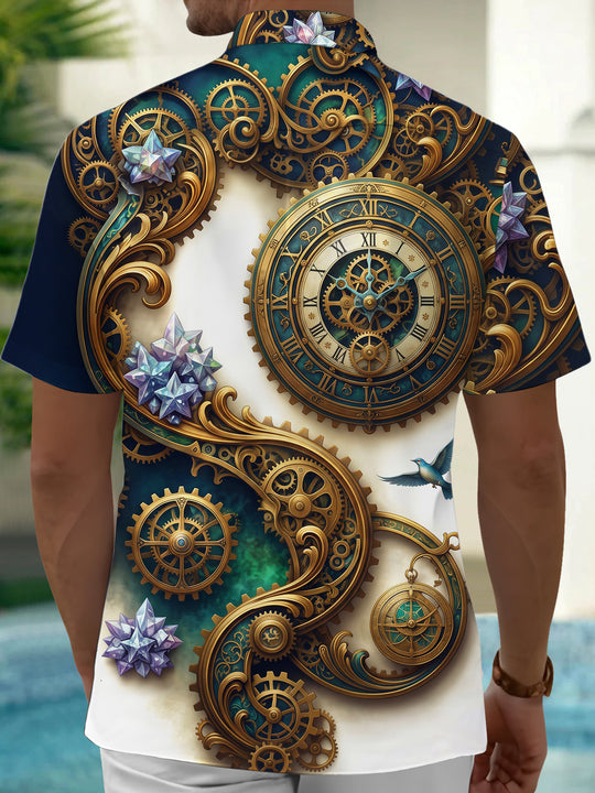 Adaychic Men's Graphic Steampunk Clock Gears And Gems Print Short Sleeve Shirt with Chest Pocket