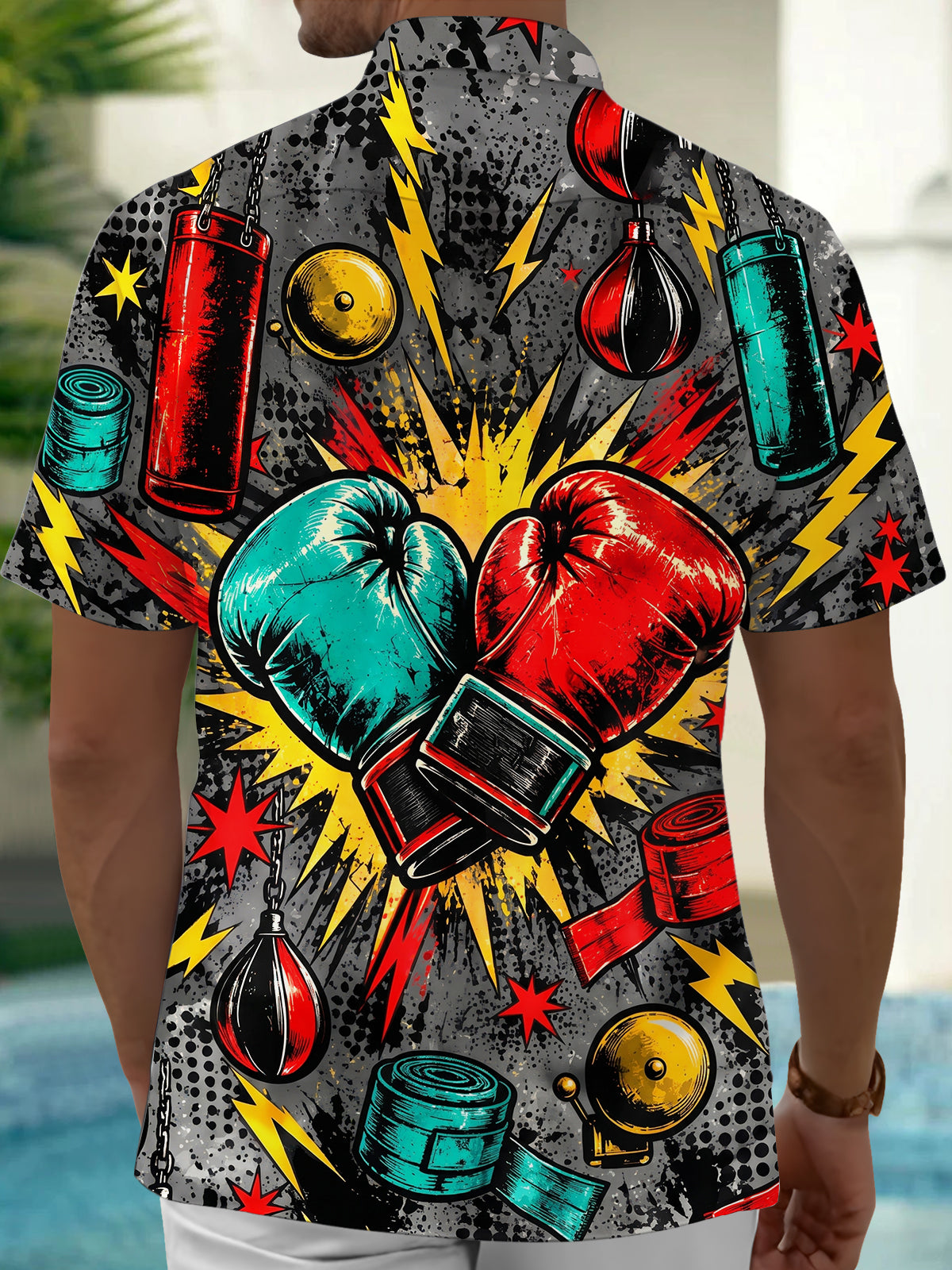 Adaychic Men's Graphic Boxing Gloves And Equipment Print Short Sleeve Shirt with Chest Pocket