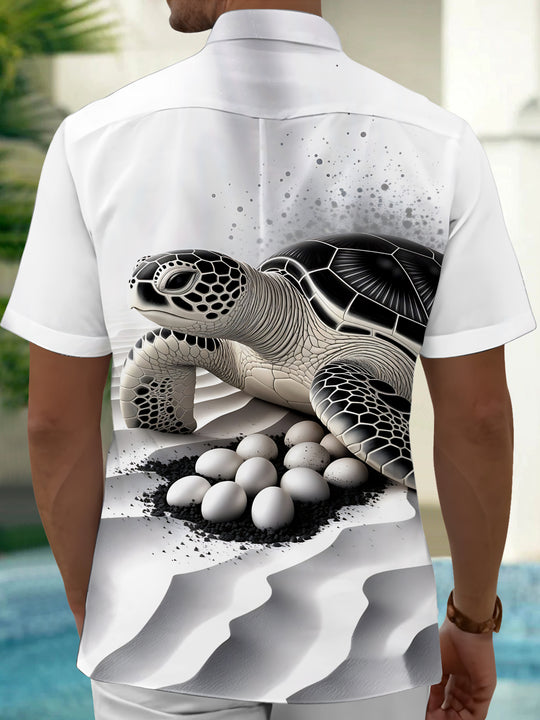 Adaychic Men's Graphic Sea Turtle Nesting Print Short Sleeve Shirt with Chest Pocket