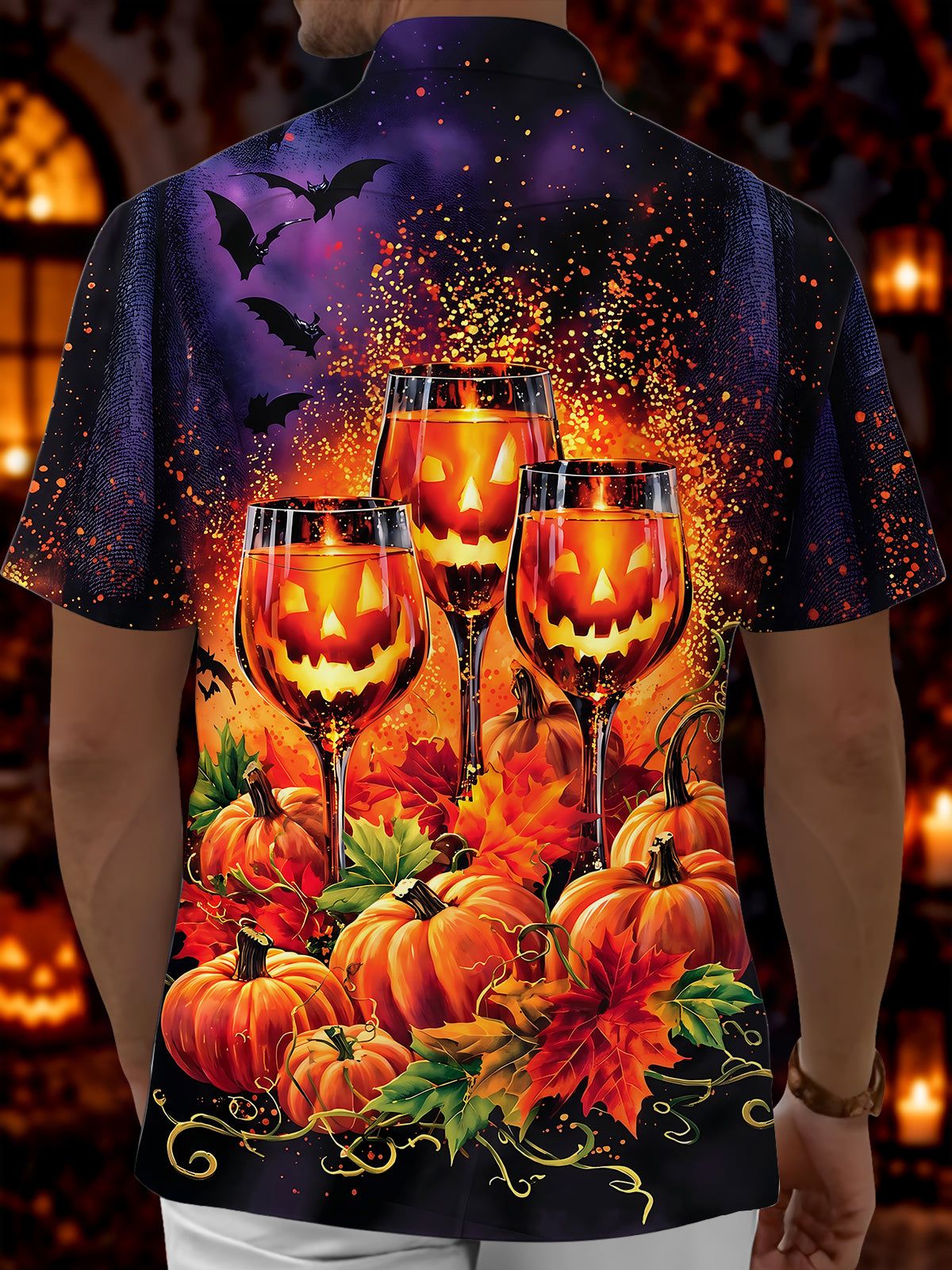 Adaychic Men's Short Sleeve Shirt - Halloween Jack-o-lantern Wine Glasses And Pumpkins Print with Chest Pocket