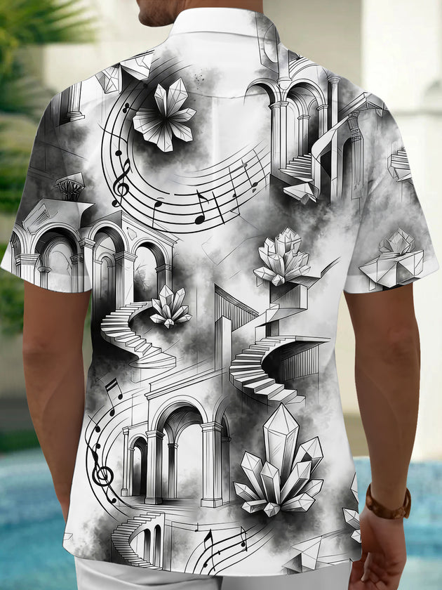 Adaychic Men's Short Sleeve Shirt - Fantasy Architecture With Crystals And Music Notes Print with Chest Pocket