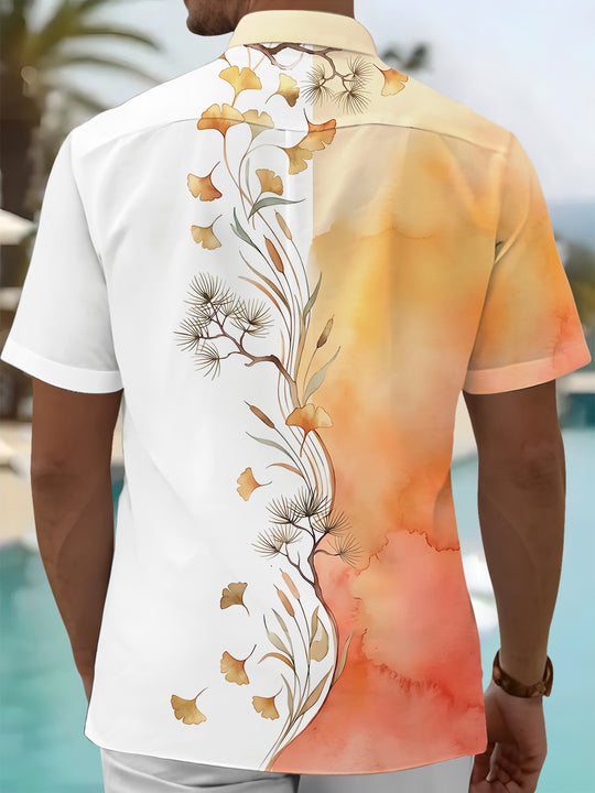 Adaychic Men's Hawaiian Ink Ginkgo And Pine Branches Print Short Sleeve Shirt with Chest Pocket