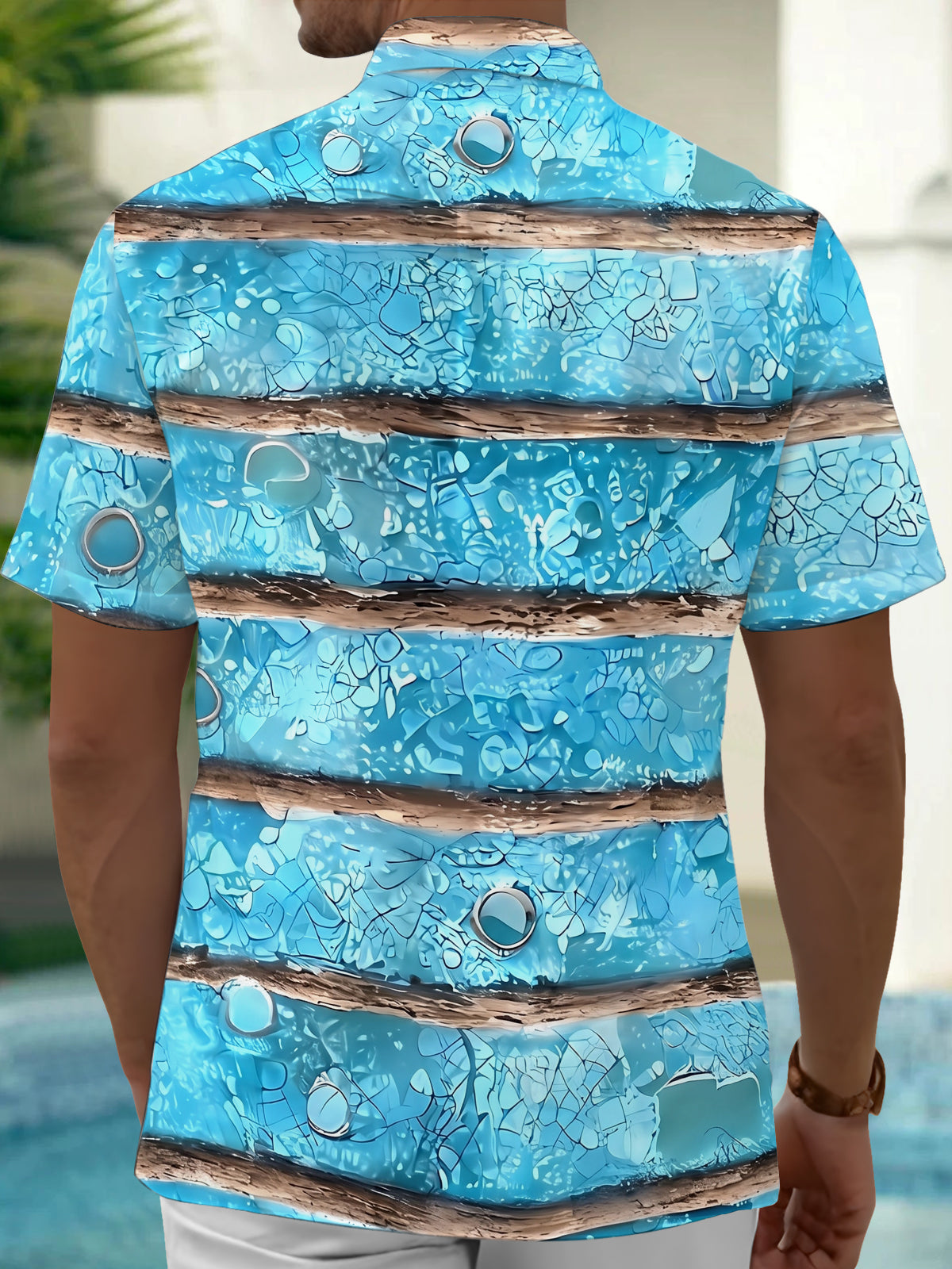 Adaychic Men's Hawaiian Blue Water Texture Print Short Sleeve Shirt with Chest Pocket