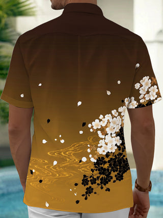 Adaychic Men's Vintage Style White Cherry Blossoms Print Short Sleeve Shirt with Chest Pocket