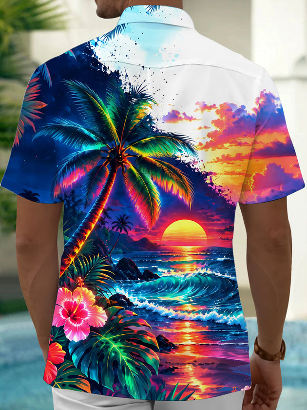 Adaychic Men's Palm Tree And Sunset Beach Scene Print Short Sleeve Shirt with Chest Pocket