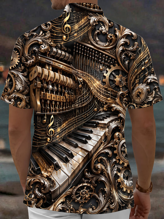 Adaychic Men's Steampunk Piano And Musical Notes Print Short Sleeve Shirt with Chest Pocket