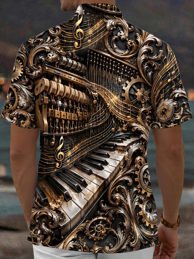Adaychic Men's Steampunk Piano And Musical Notes Print Short Sleeve Shirt with Chest Pocket