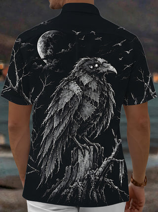 Adaychic Men's Graphic Halloween Crow And Moon Print Short Sleeve Shirt with Chest Pocket