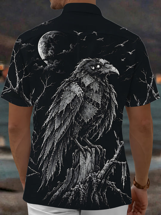 Adaychic Men's Graphic Halloween Crow And Moon Print Short Sleeve Shirt with Chest Pocket