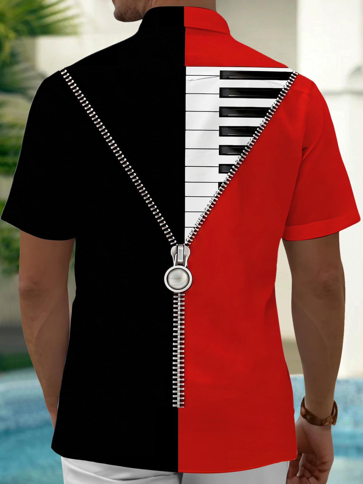 Adaychic Men's Graphic Piano Keyboard Print Short Sleeve Shirt with Chest Pocket